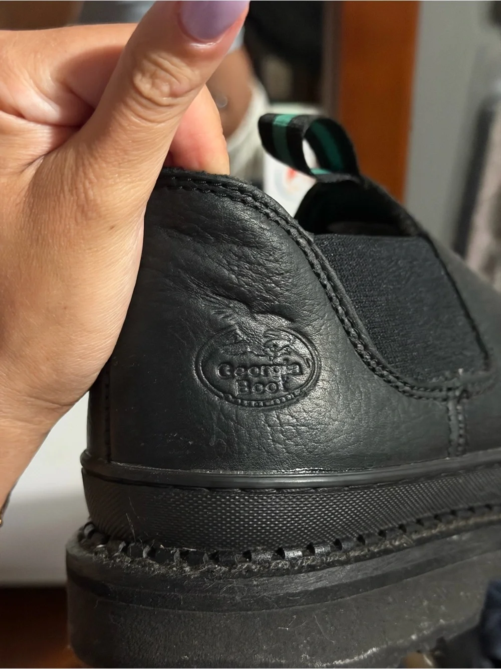 Men's Black Slip-On Leather Loafers with Green Accent Pull Tabs
